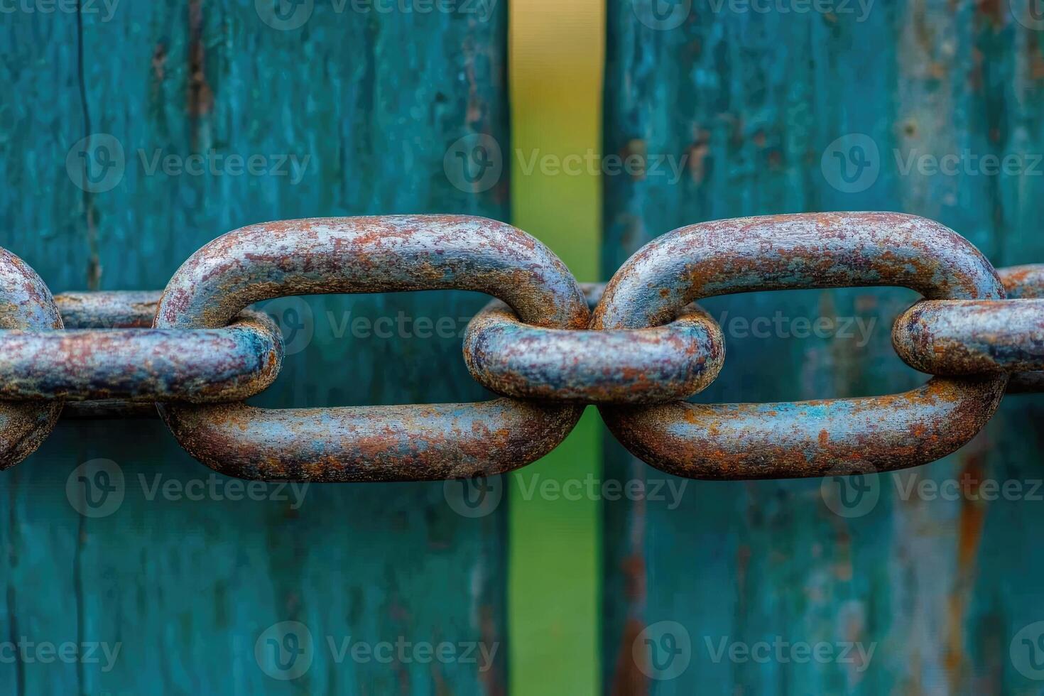 Rusty chain links on teal wooden fence photo