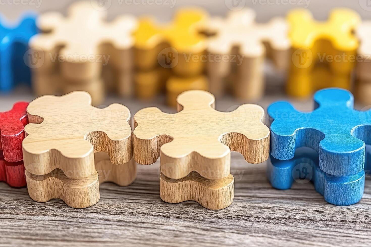 Interlocking puzzle pieces in various colors photo