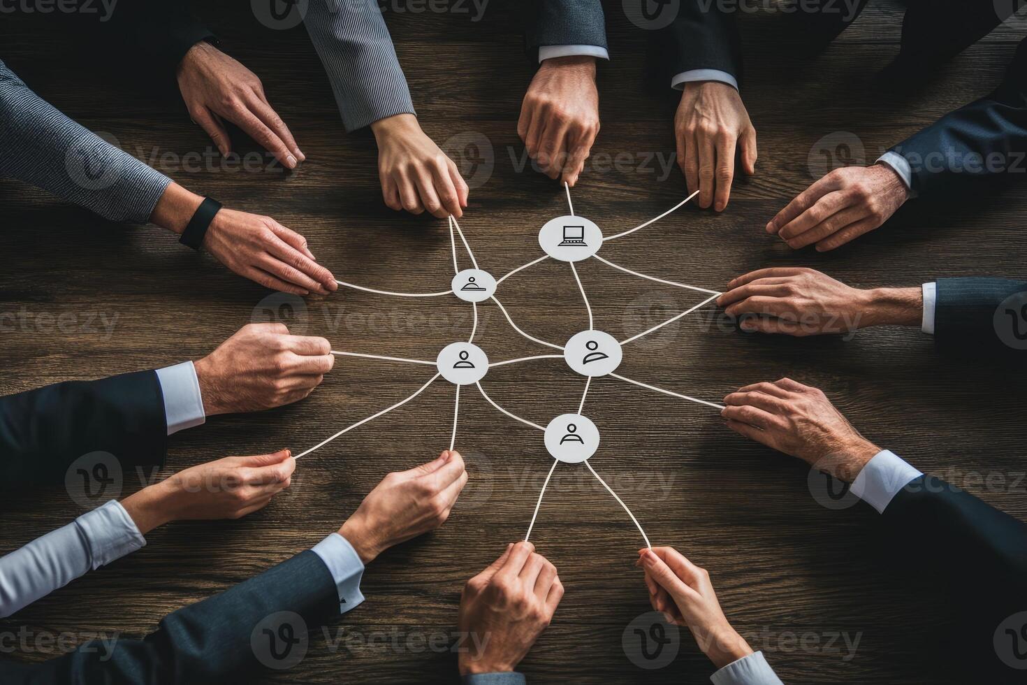 Team collaboration, interconnected. Hands of diverse people connected by strings, creating a network photo