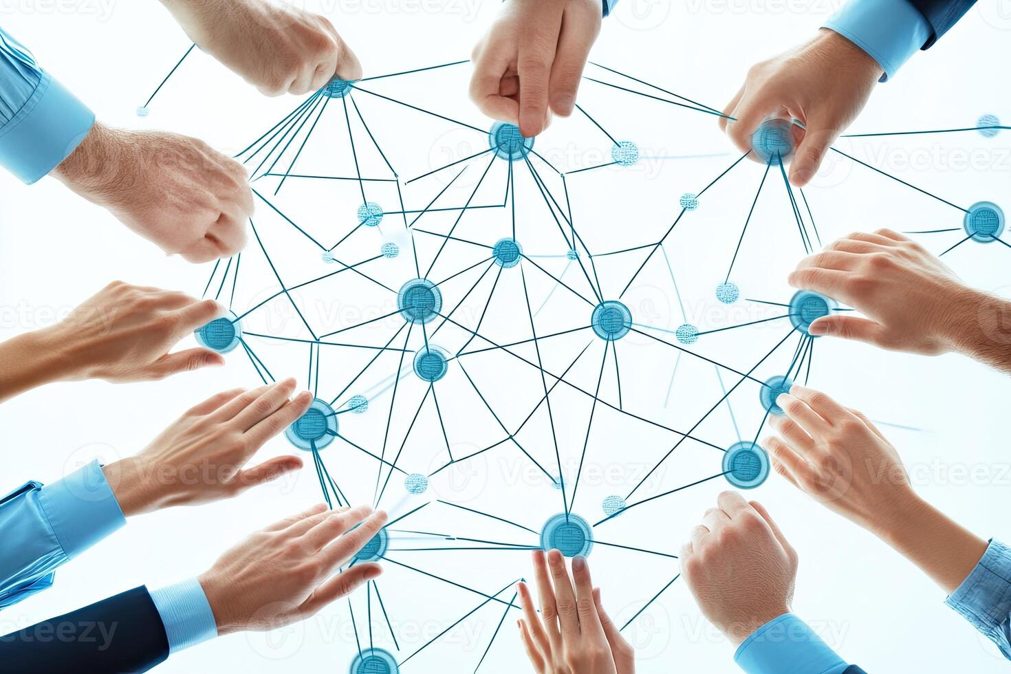 Collaborative network of hands connecting photo