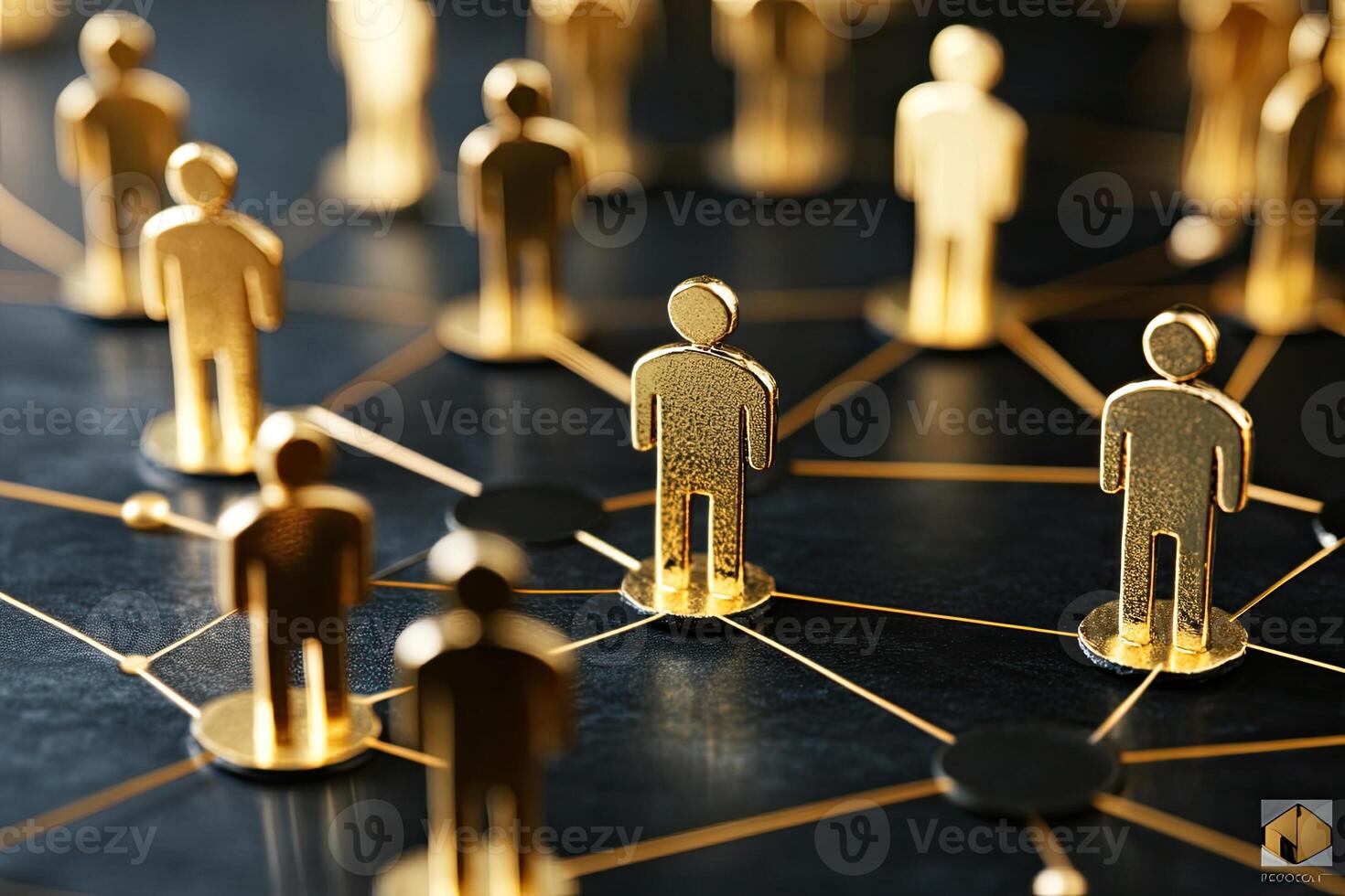 Gold figures interconnected by a network on a dark surface photo