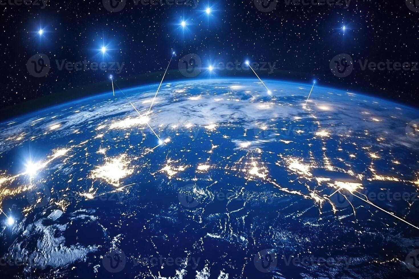 Global interconnectedness. Vast network connecting illuminated cities across Earth's surface photo
