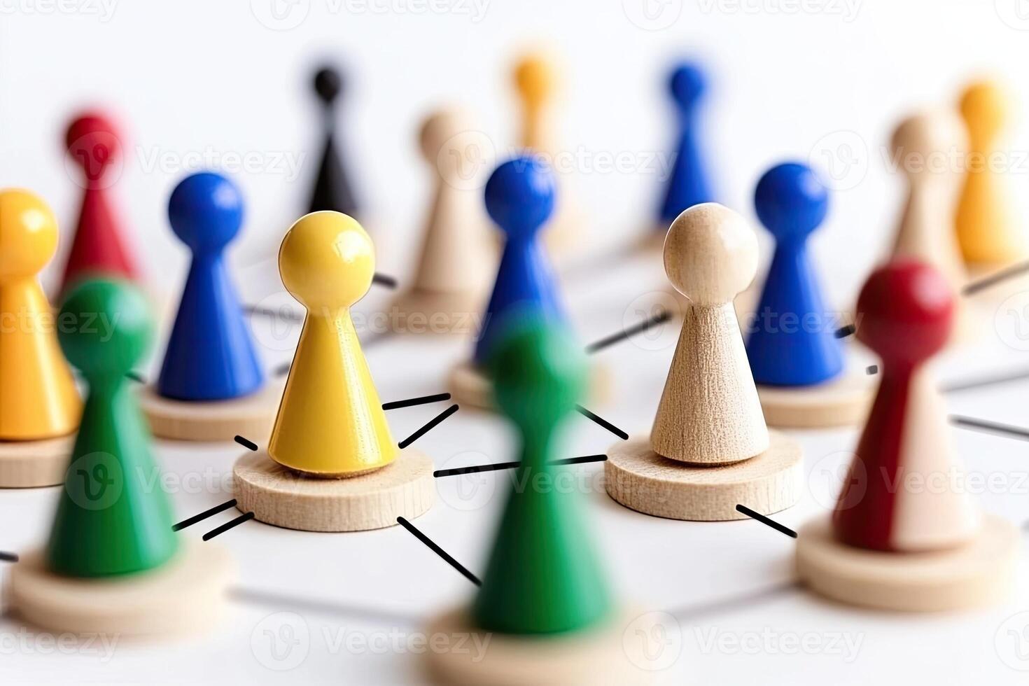 Colorful game pieces connected by threads, showcasing a network photo
