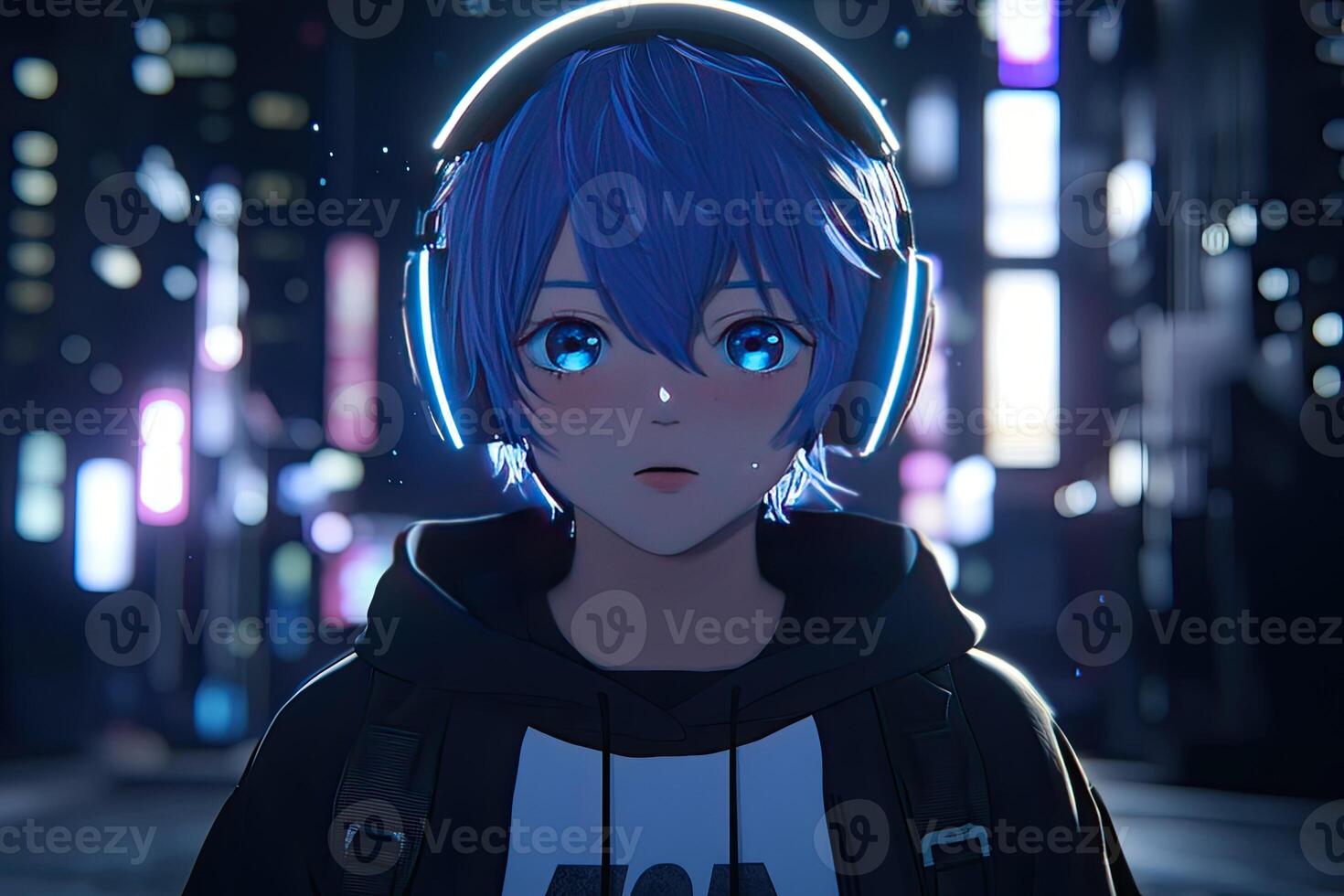 Anime boy with headphones in a city at night photo