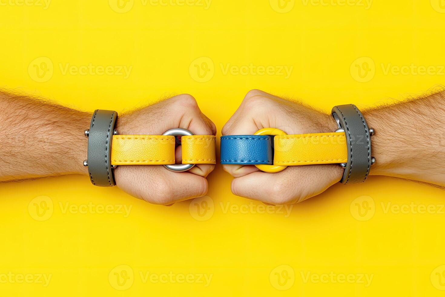 Two hands clasped, colorful wristbands photo