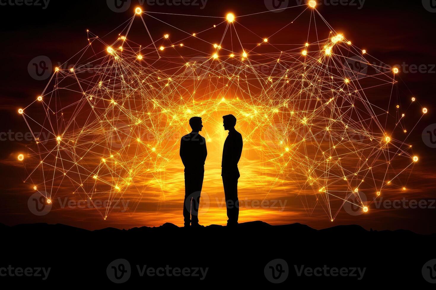 Two businessmen converse against a backdrop of glowing digital network photo