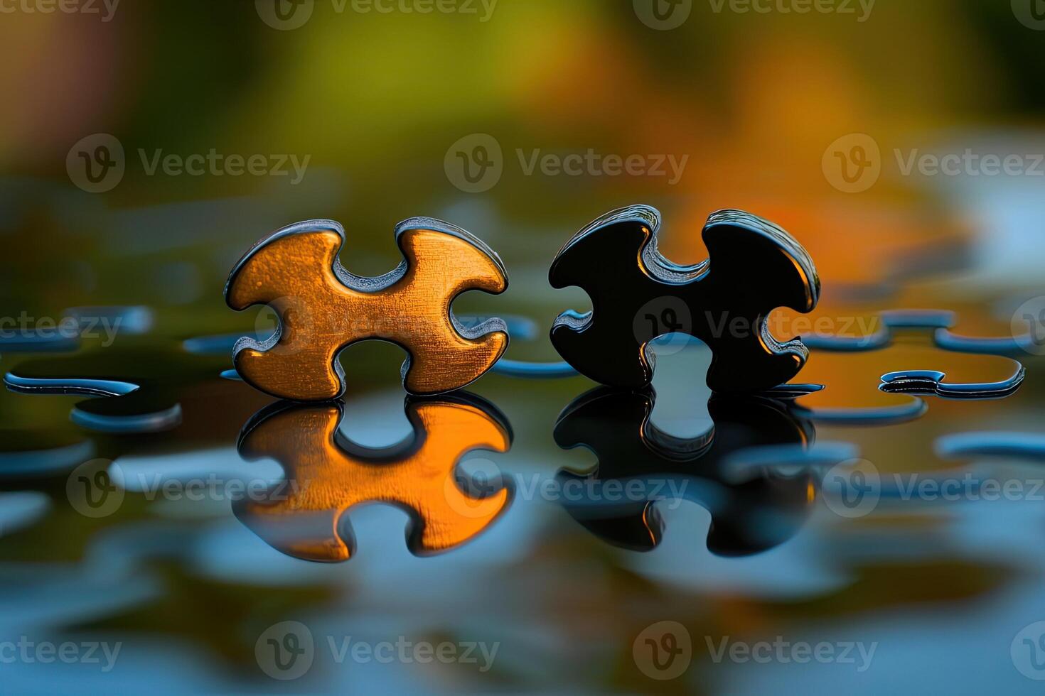 Two puzzle pieces, golden and black, resting on a surface, reflecting the colors of the surroundings photo