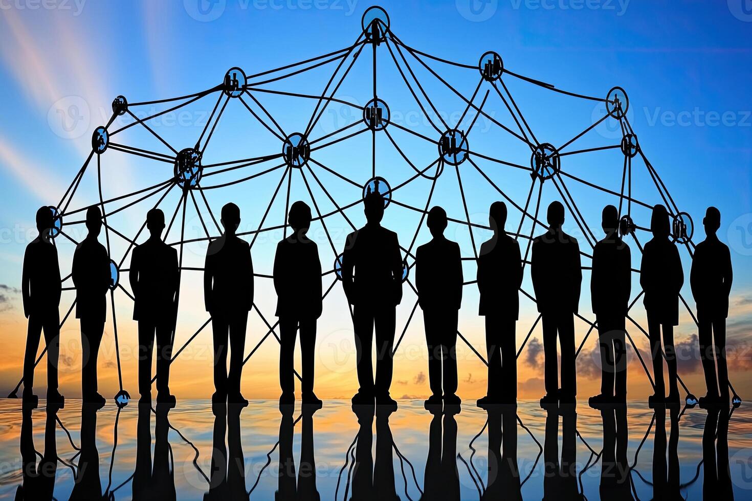 Teamwork and interconnectedness. Silhouette of a group of business professionals standing together, connected by a network of lines and icons photo