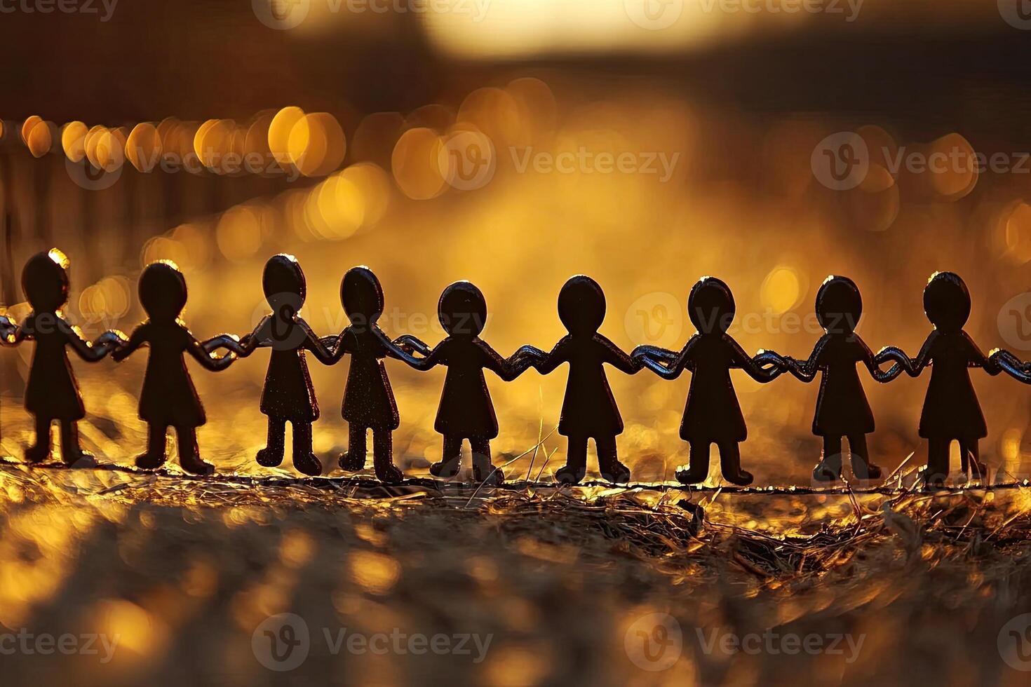 Silhouette figures linked in a golden path photo