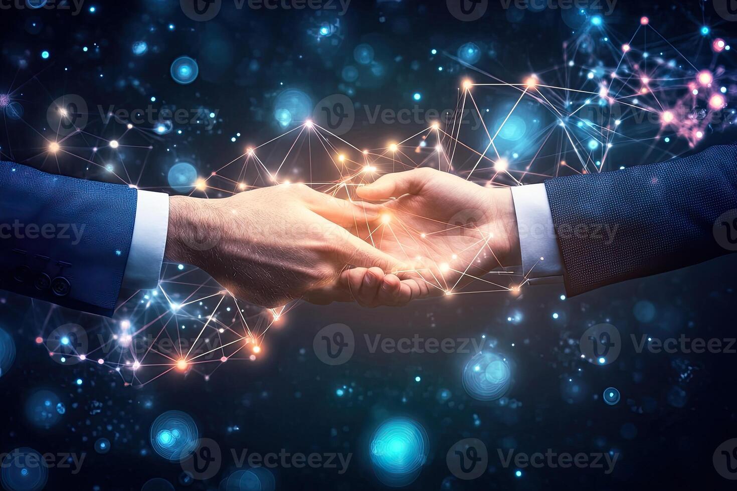 Business partnership with digital connection. Hands shake, network graphic overlays photo