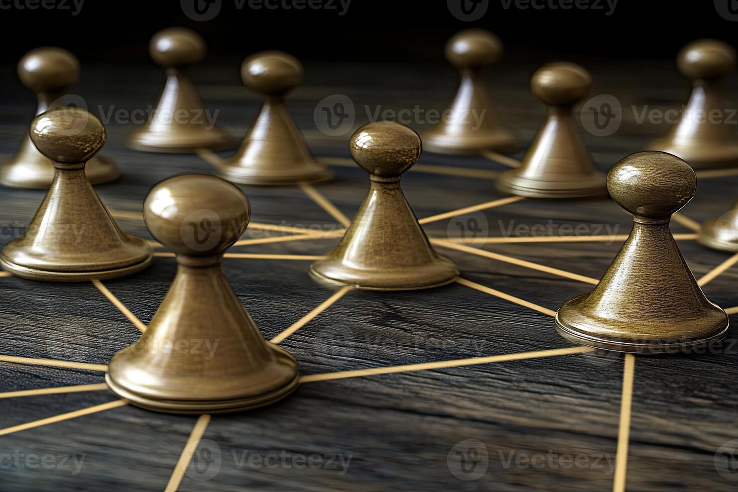 Connected bronze figures on a dark wooden surface, suggesting a network or collaboration photo