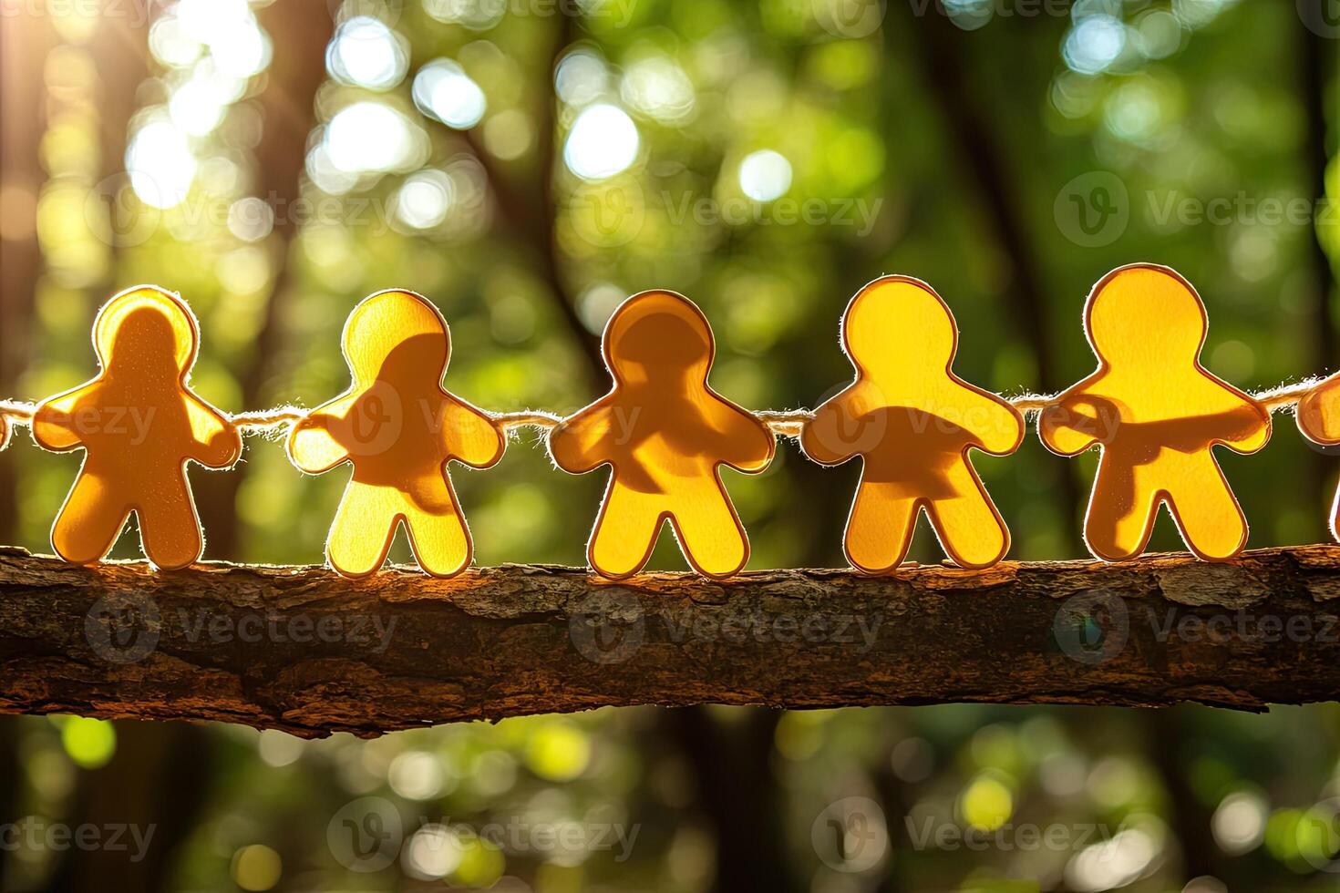 Paper figures linked by a cord in a forest photo