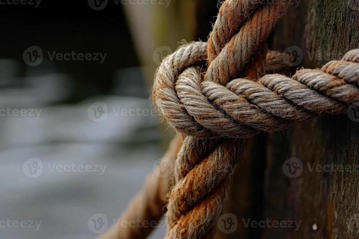 Close-up of weathered rope tied around a wooden post photo
