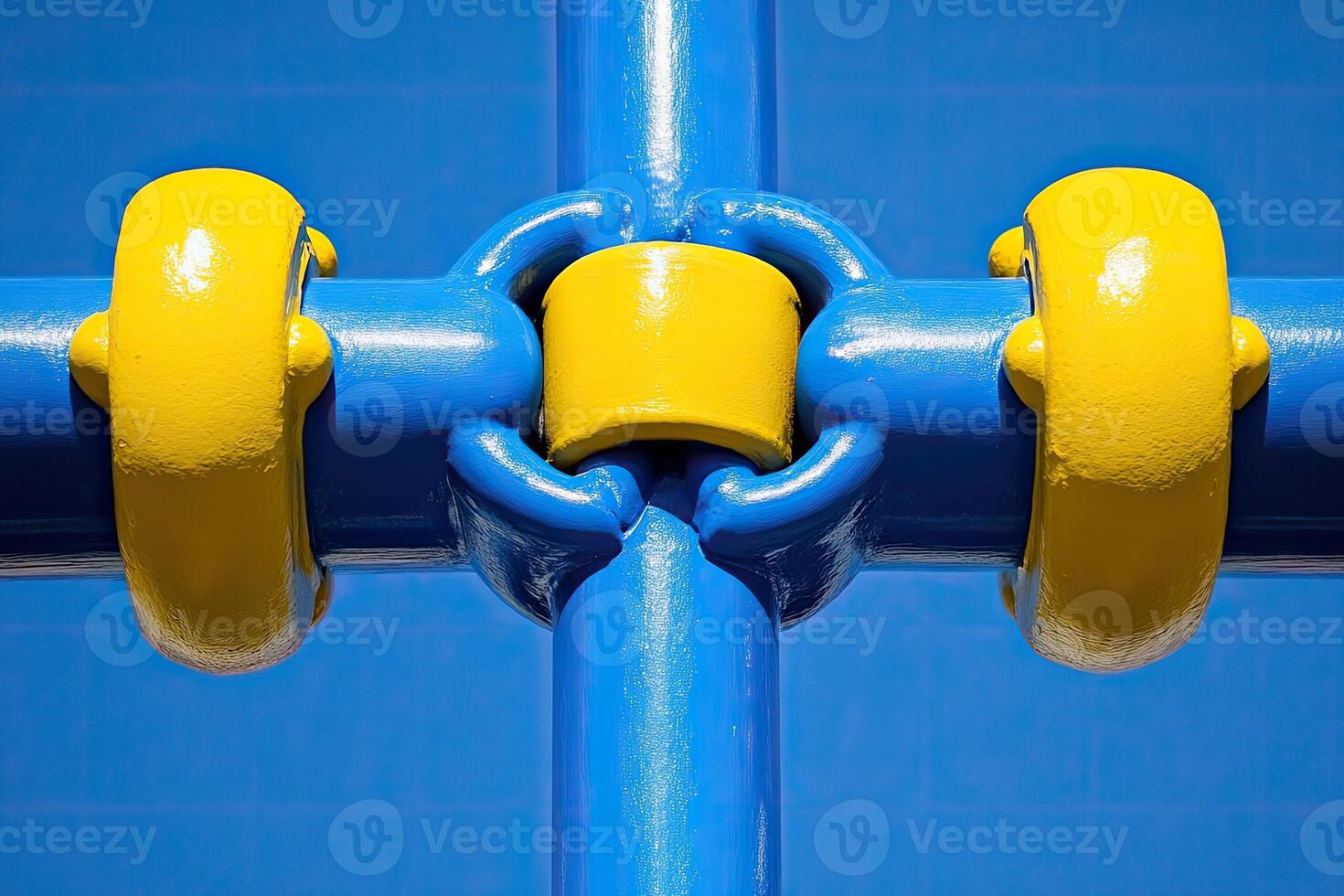 Blue cross-shaped structure with bright yellow components photo