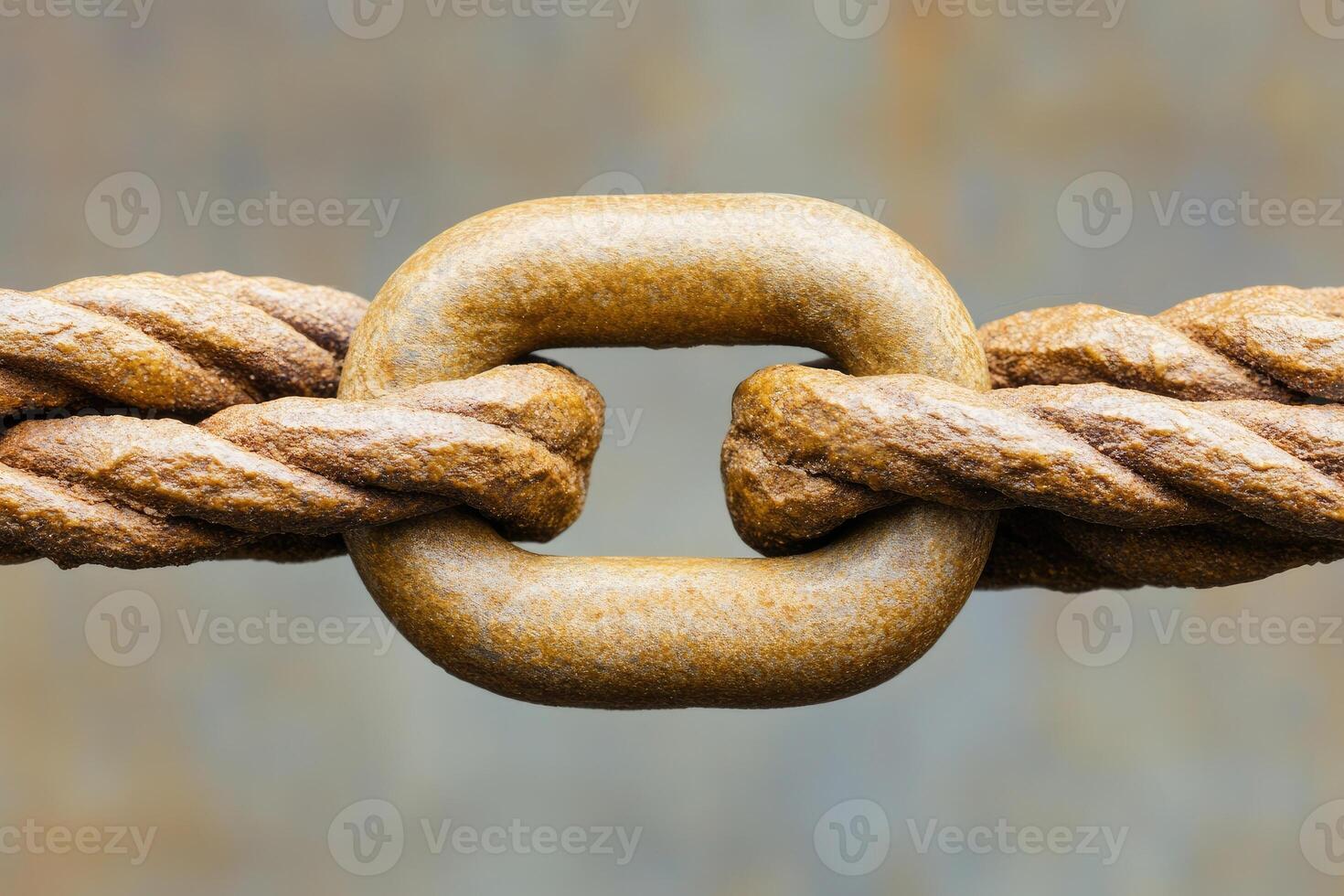 Rusty metal link connecting two intertwined ropes photo