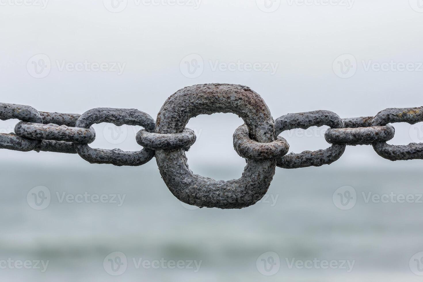 Rusty chain link against a blurred ocean backdrop photo