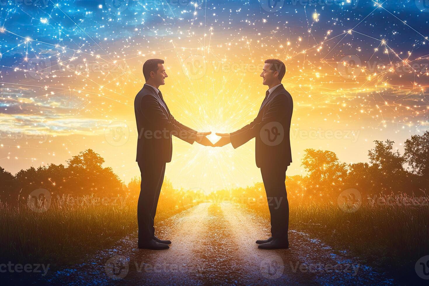 Two businessmen shaking hands on a country road, bathed in golden light photo
