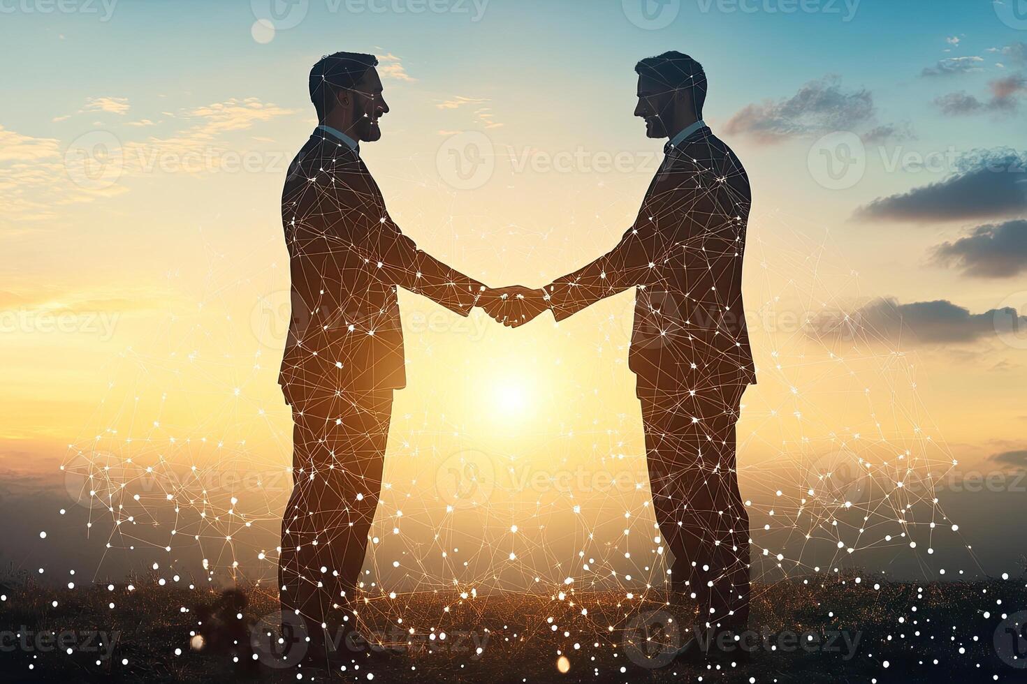 Two businessmen shaking hands, signifying a successful partnership, set against a backdrop of a golden sunset photo