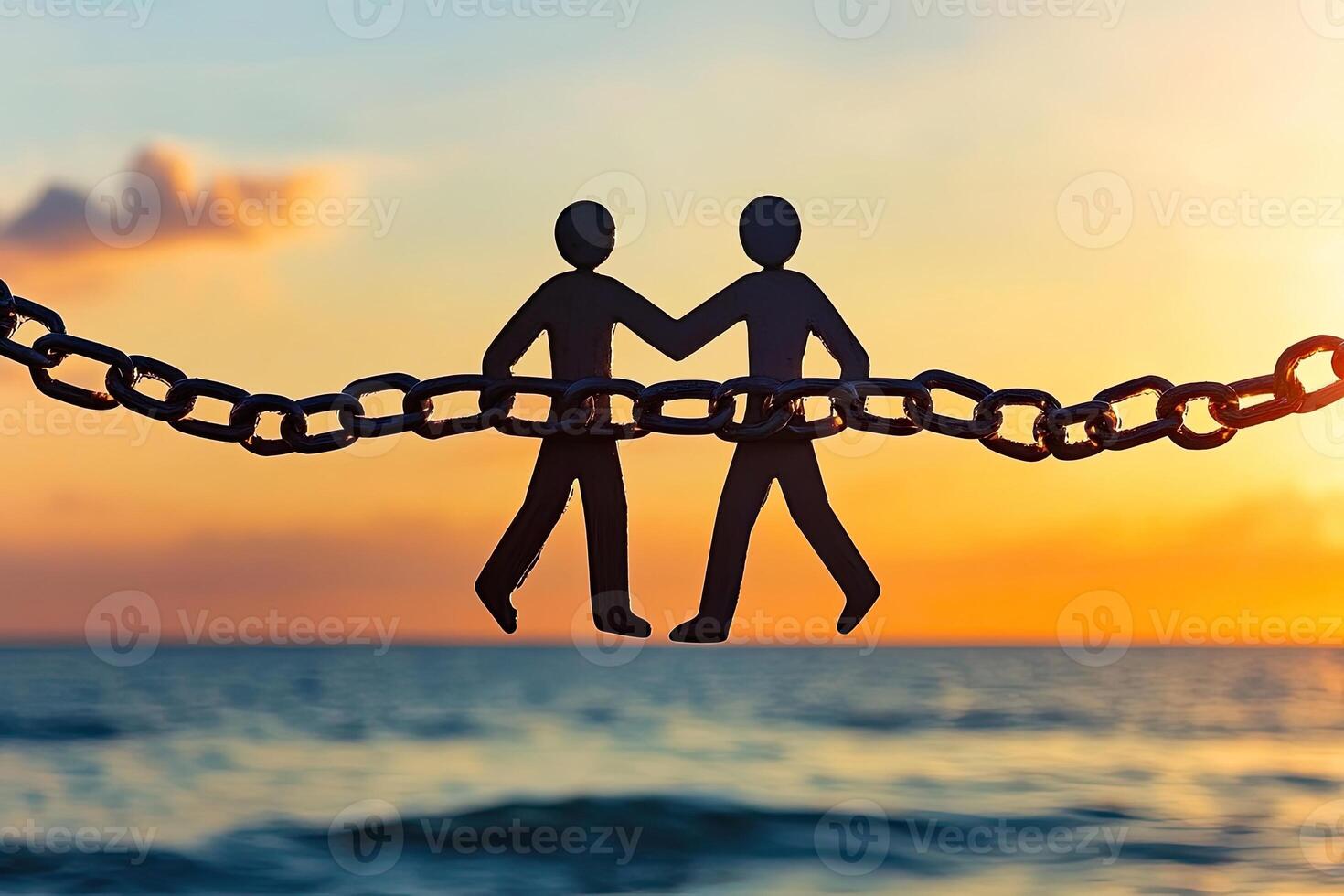 Two figures walk hand-in-hand across a chain, symbolizing freedom photo