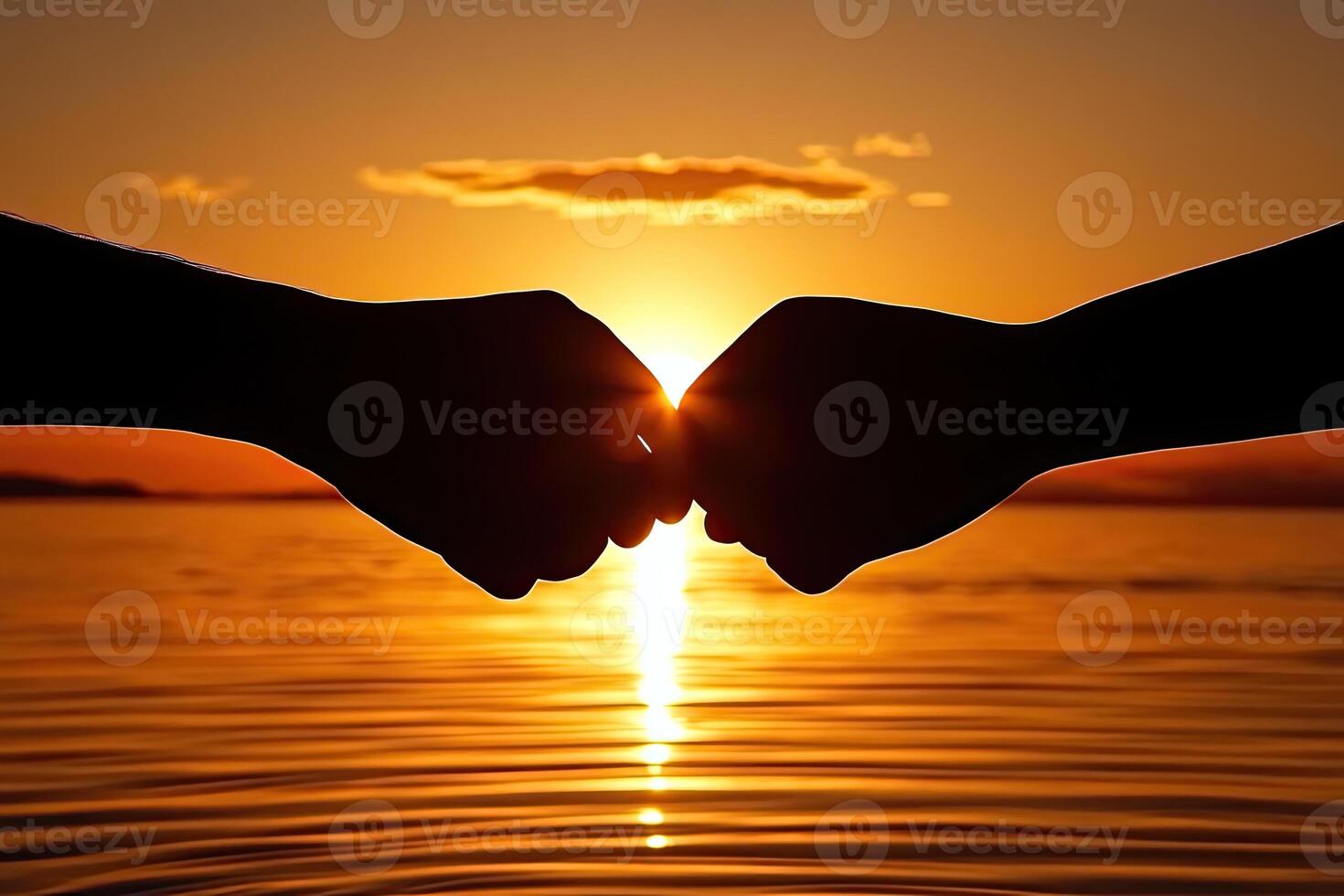 Two fists meet at sunset over water photo