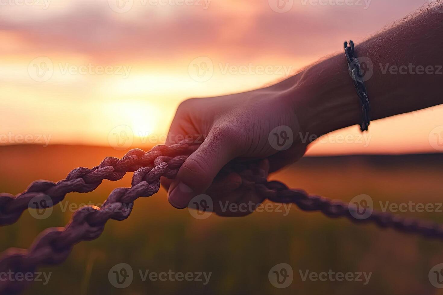 A person holding a chain in front of a sunset photo