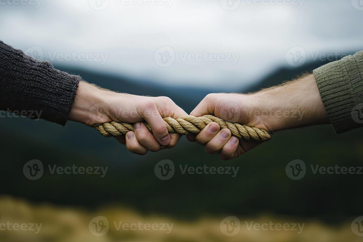 Two hands grip a rope, a test of strength amidst nature photo