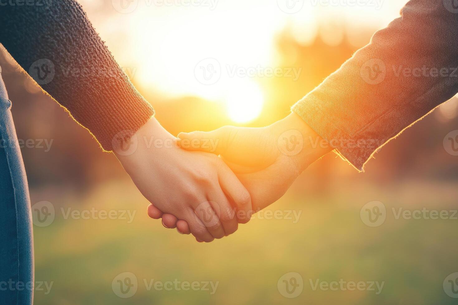 Couple holding hands in the sunset photo