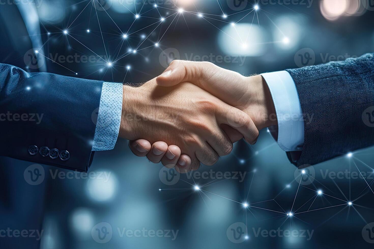 Business partnership handshake in digital network photo