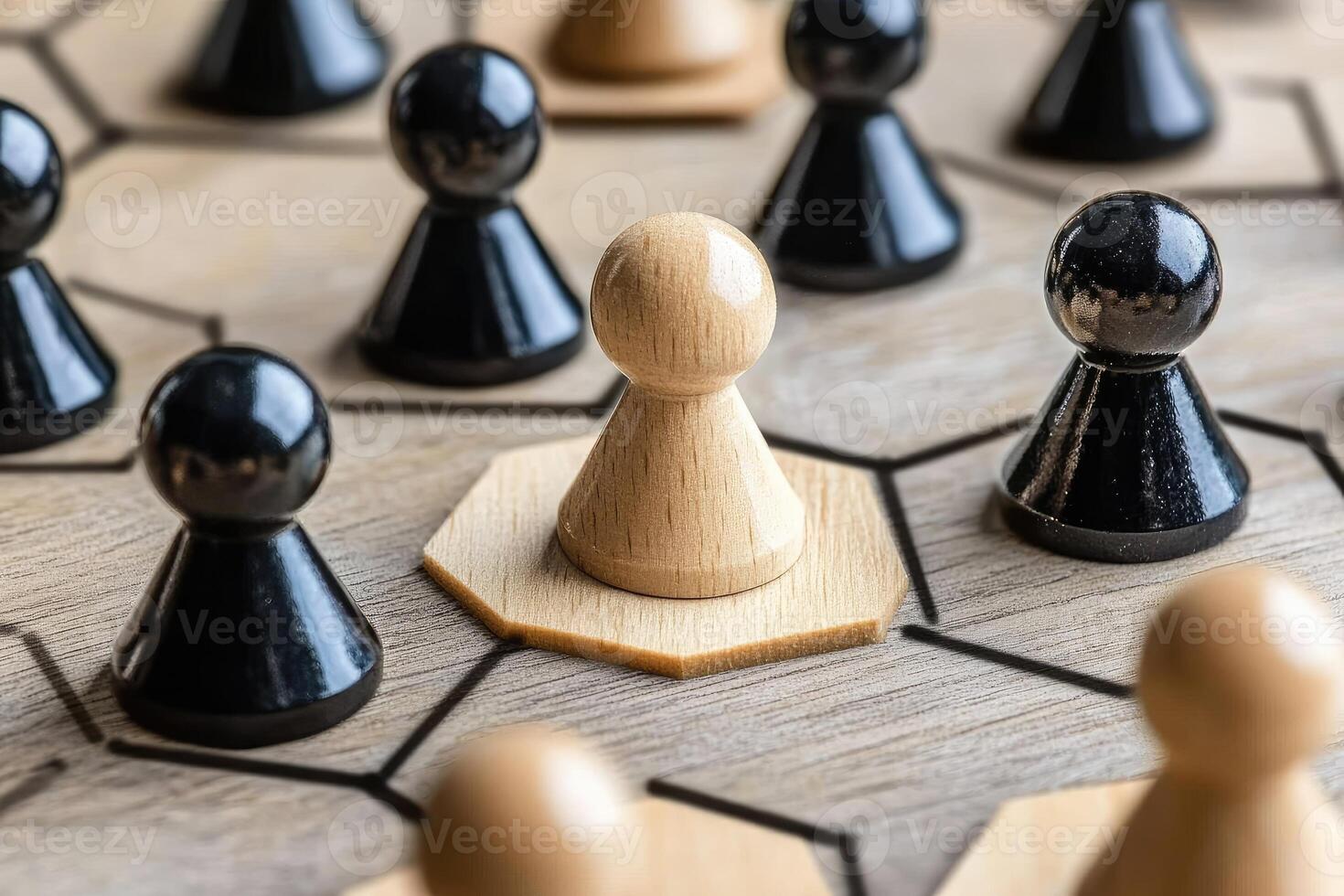 A light-colored pawn surrounded by dark-colored pawns on a honeycomb-patterned board photo