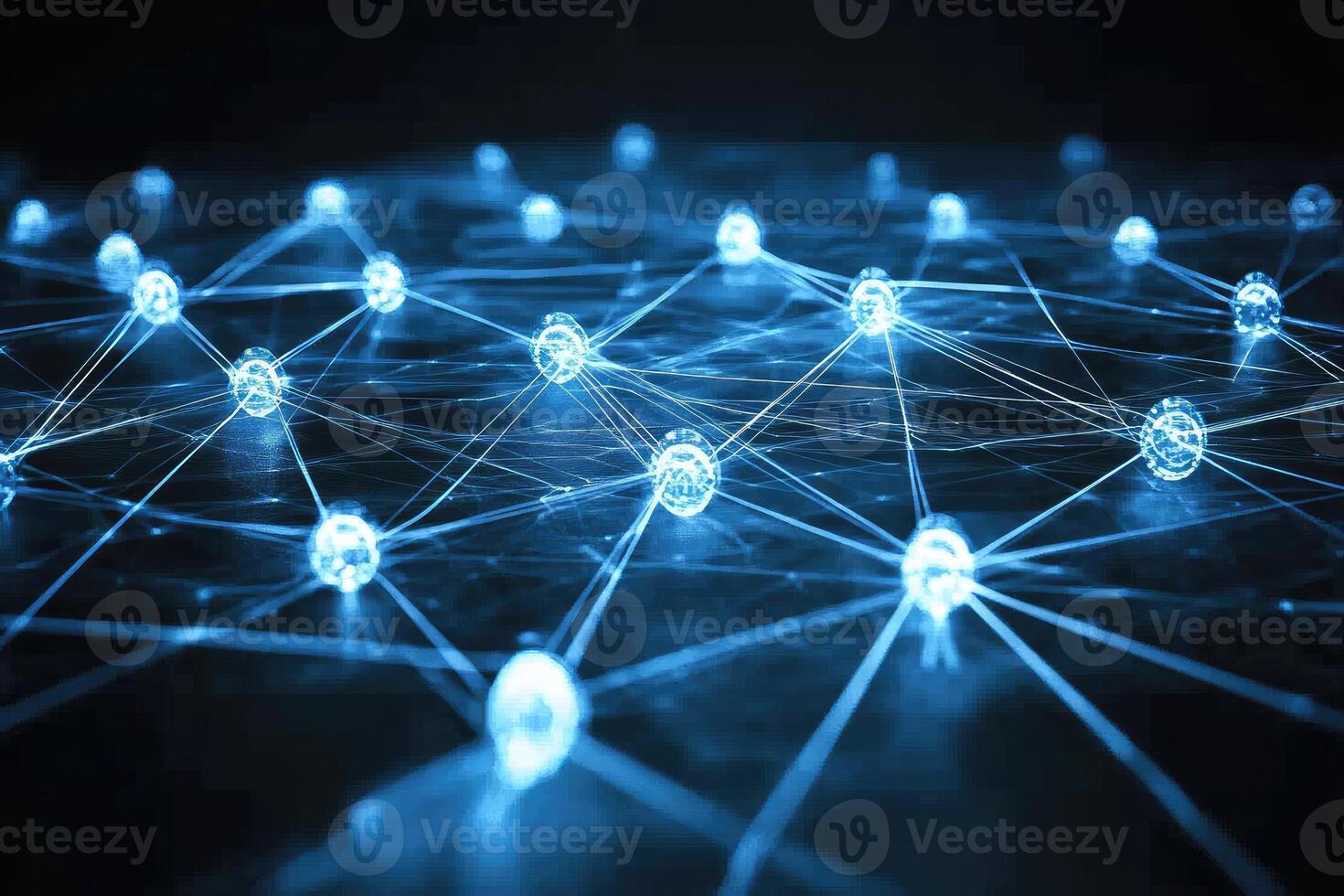 Complex network of interconnected nodes. Detailed network system with glowing blue nodes and connecting lines, creating a sense of intricate connections and advanced technology photo