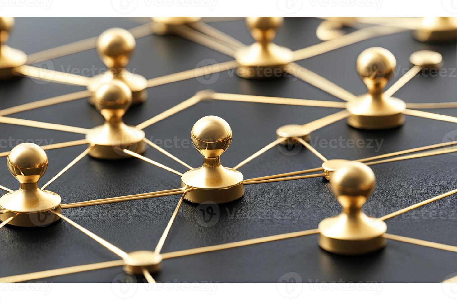 Gold pin connections on a dark background. Detailed network of linked golden pushpins photo