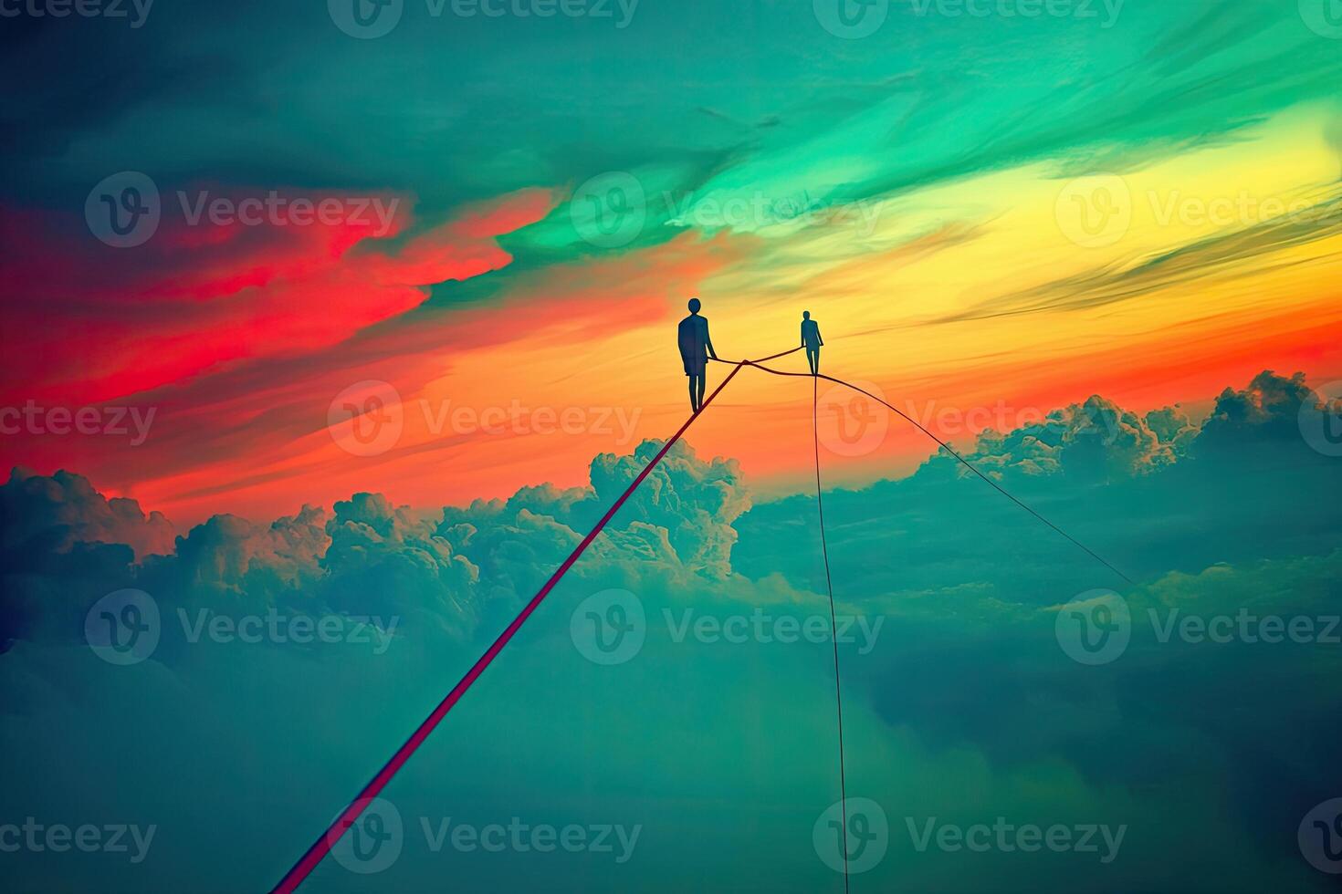 Two figures walk a tightrope above vibrant clouds at sunset photo