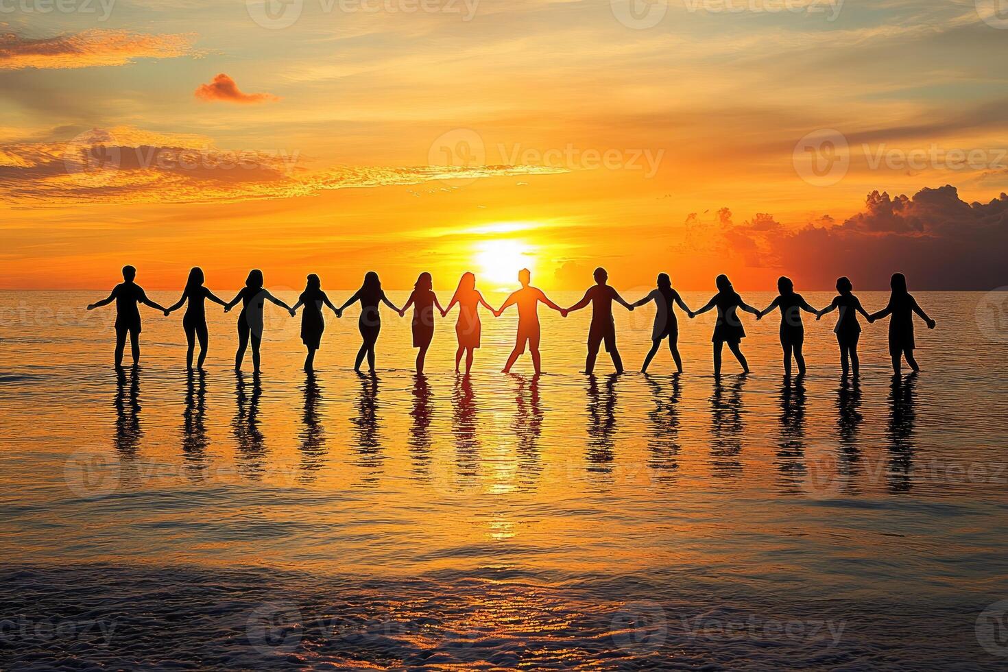 Silhouettes of people linked hands at sunset photo