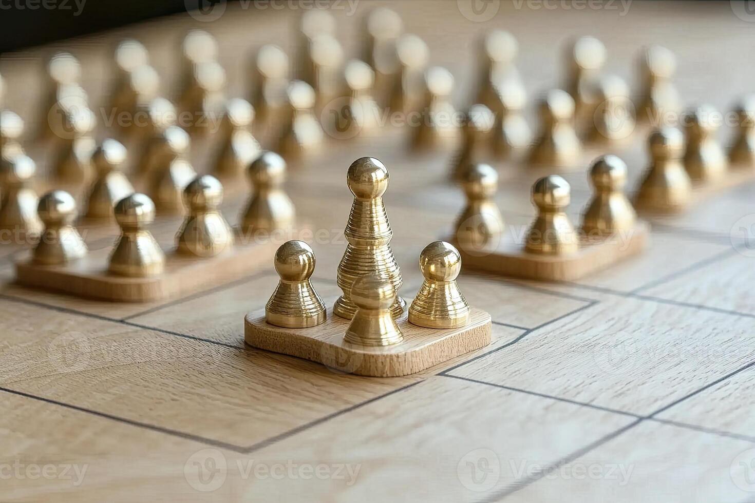 Strategic positioning of golden pieces on a wooden board photo