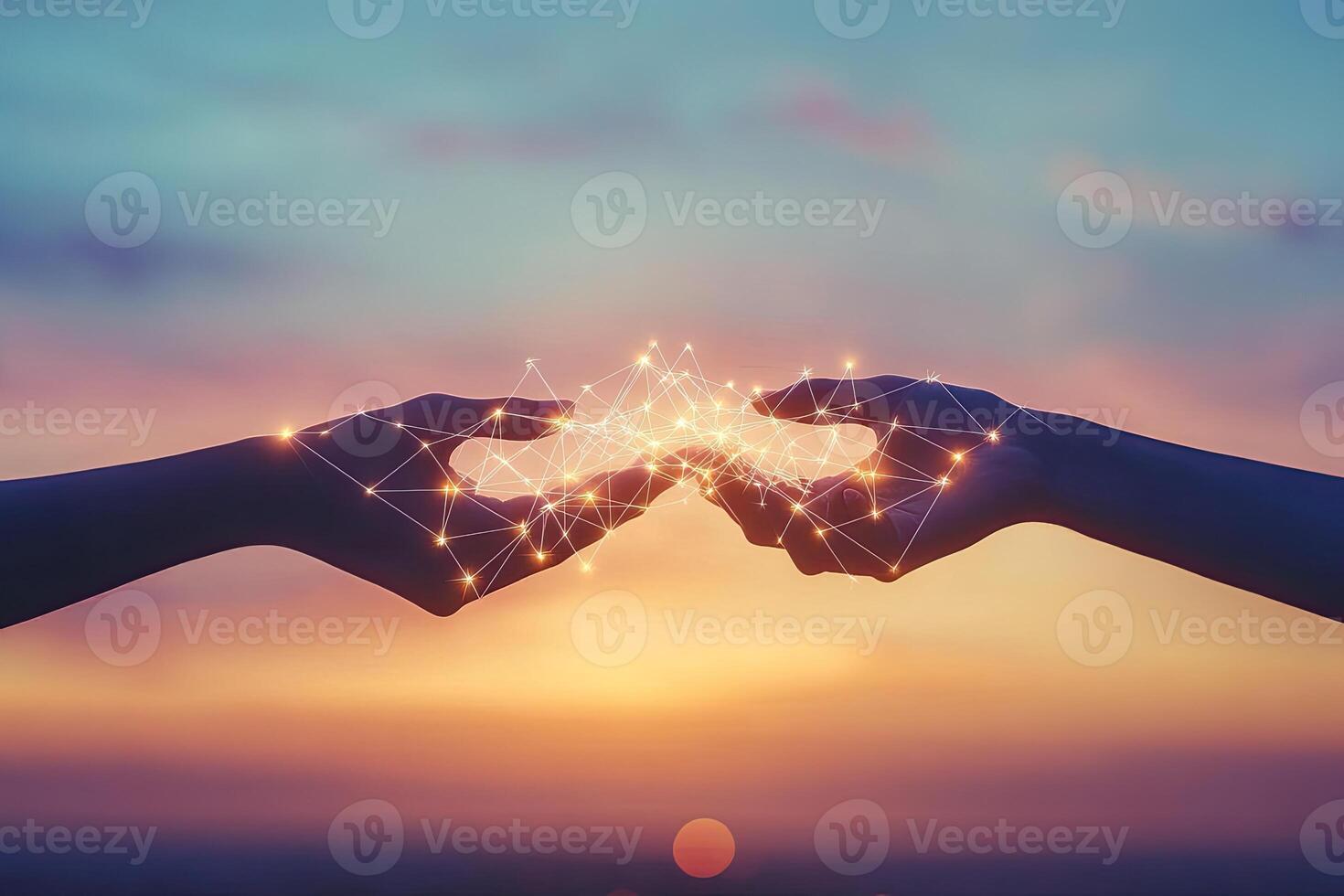 Two hands connect, illuminated by ethereal network photo