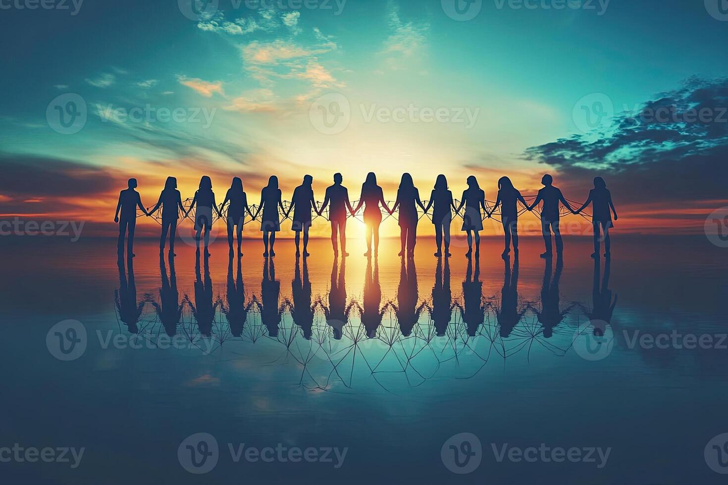 Unity at sunset. A large group of people standing in a row, hand-in-hand, against a vibrant sunset sky, creating a powerful visual of togetherness. Reflections of the group are seen in the water photo