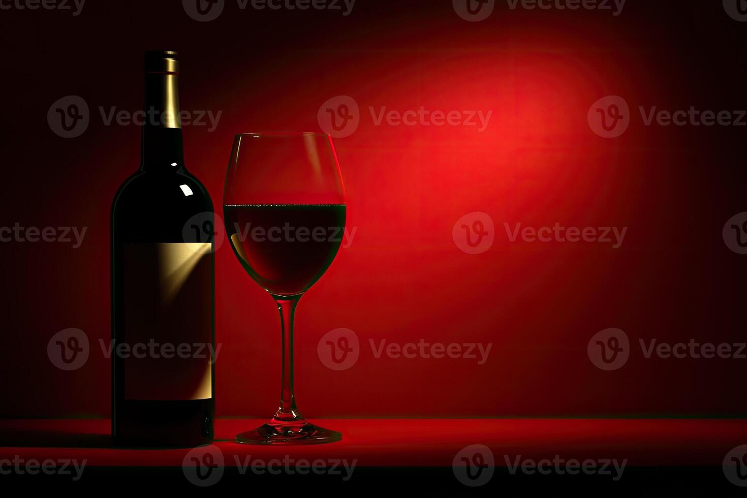 Red wine bottle and glass on a red background photo