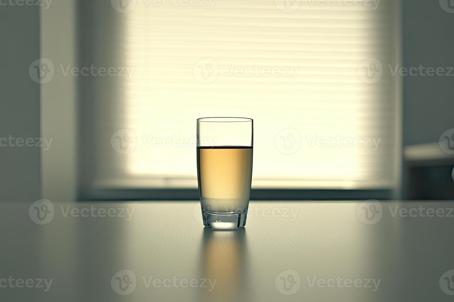 A glass of alcohol sitting on a table in front of a window photo