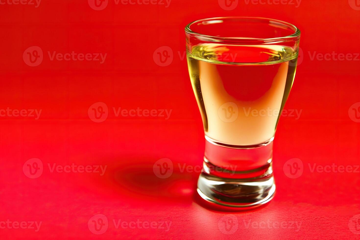 Clear shot glass filled with a pale yellow liquid against a vibrant red background photo