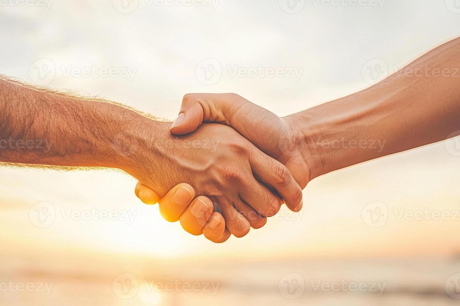 Two people shaking hands at sunset photo