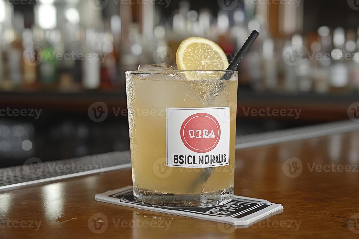 Refreshing, golden cocktail with lemon garnish photo