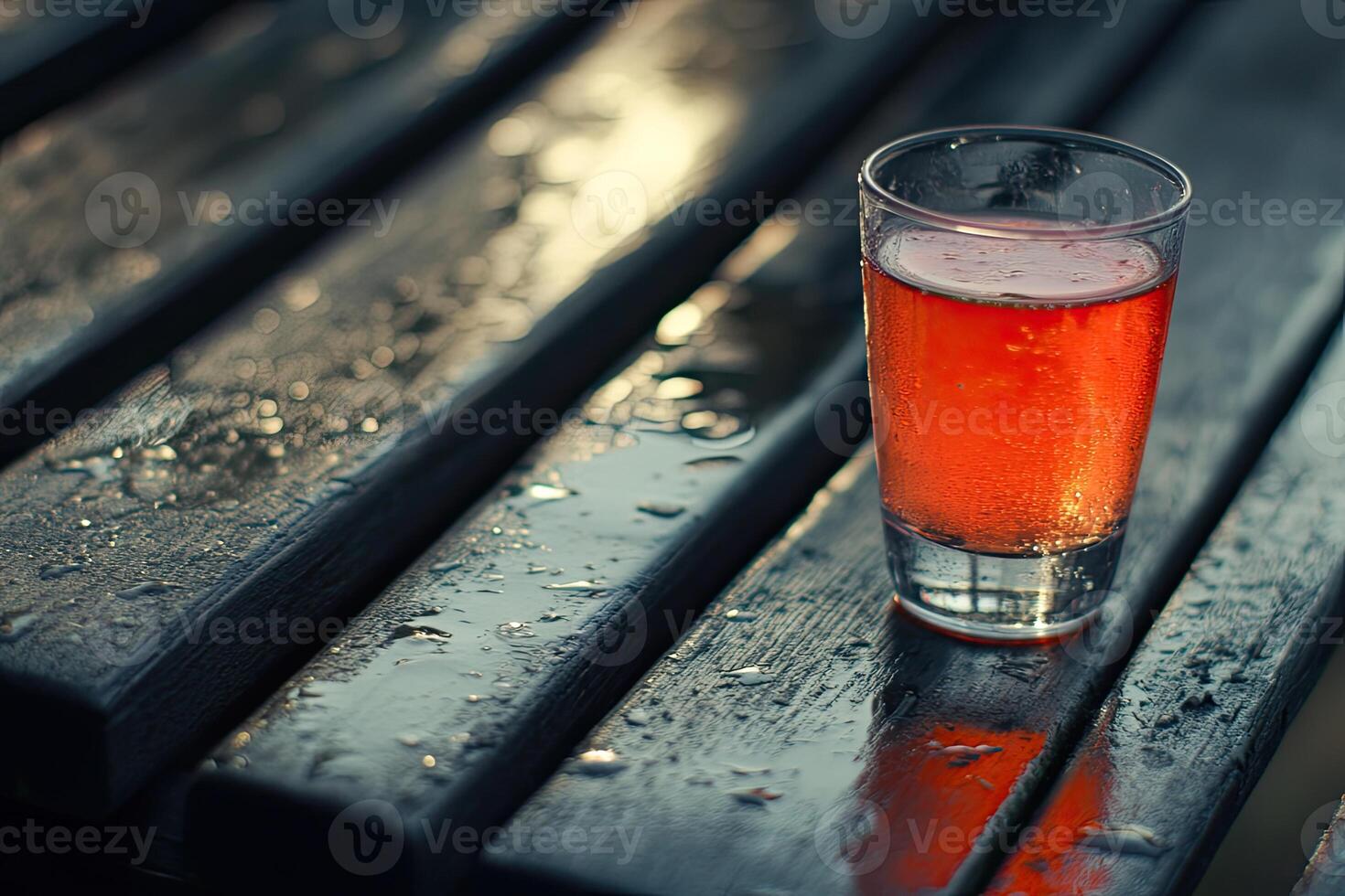 Sunset drink on a wet wooden table photo