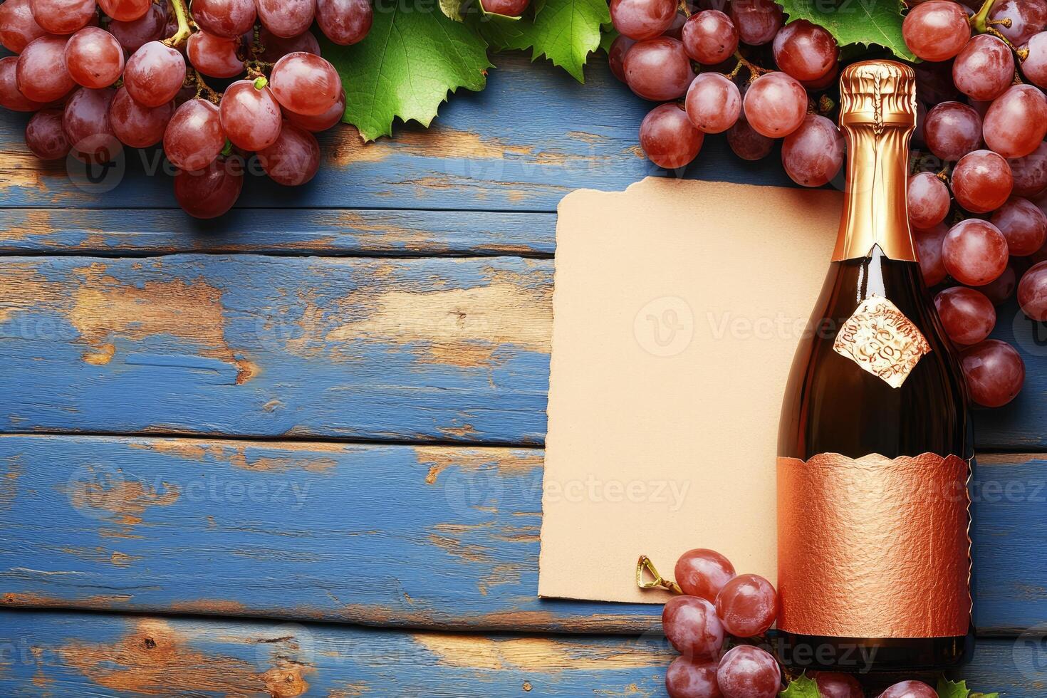 A bottle of sparkling wine with grapes on a rustic wooden table photo