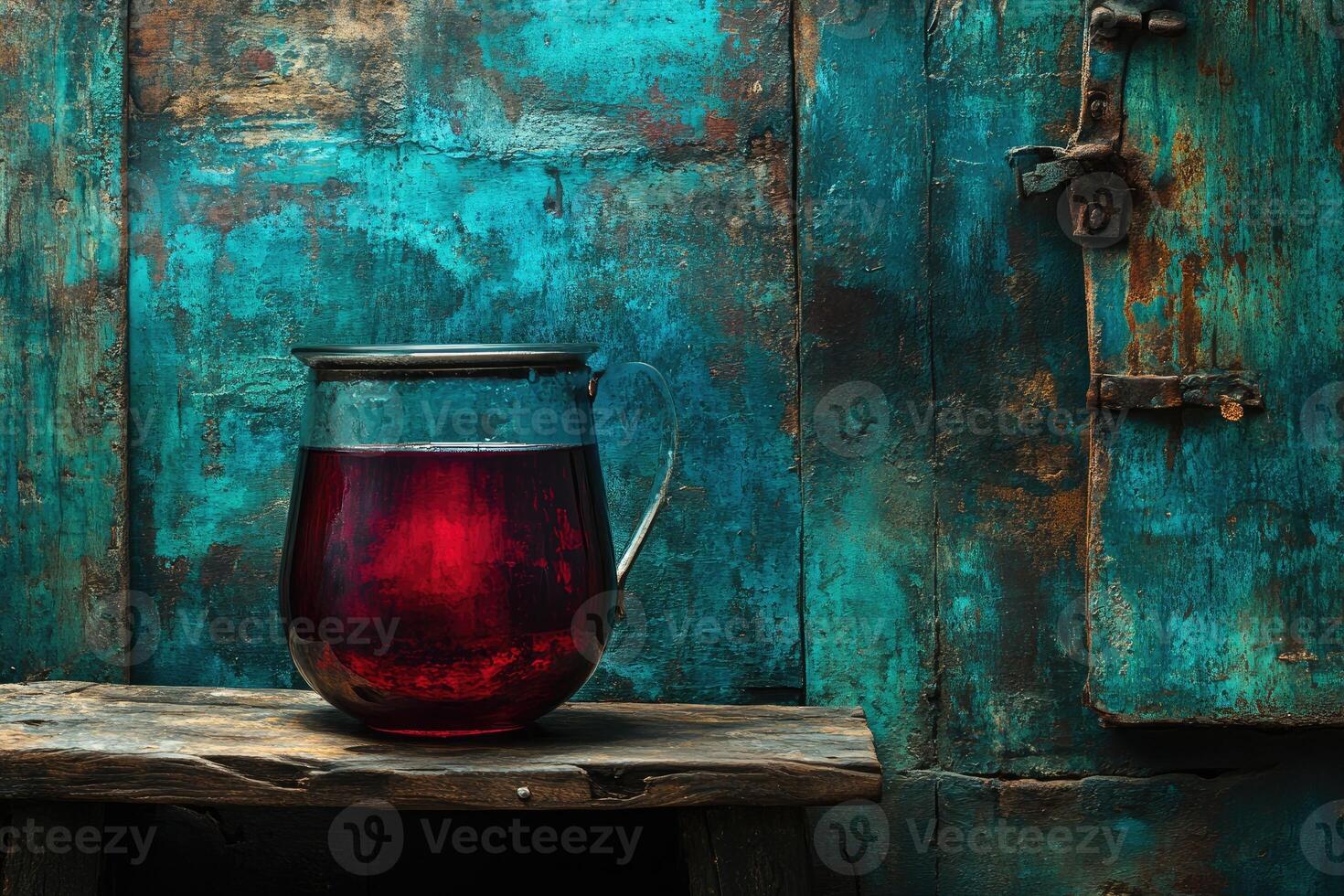 A glass tea pot with vibrant red liquid, placed on an aged wooden surface in front of a teal painted wall photo