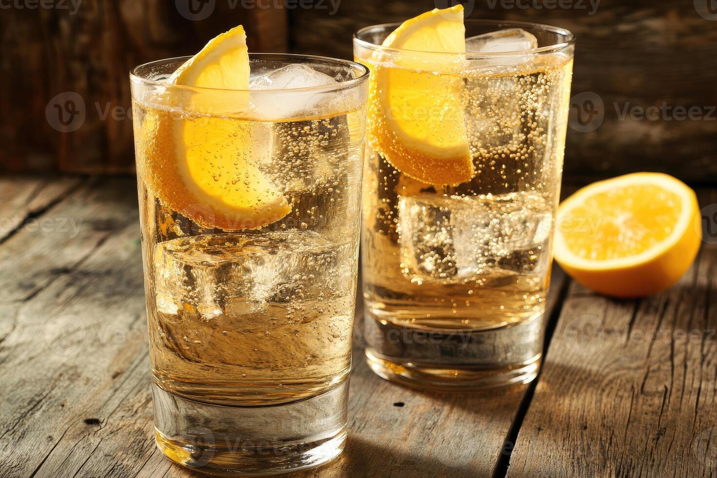 Refreshing, bubbly drinks garnished with citrus photo