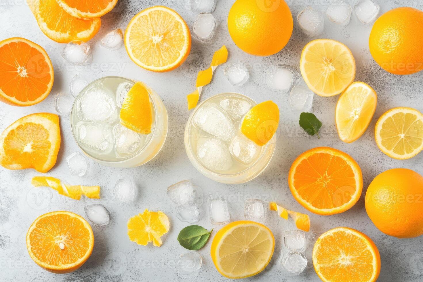 Refreshing citrus drinks garnished with fresh citrus slices photo