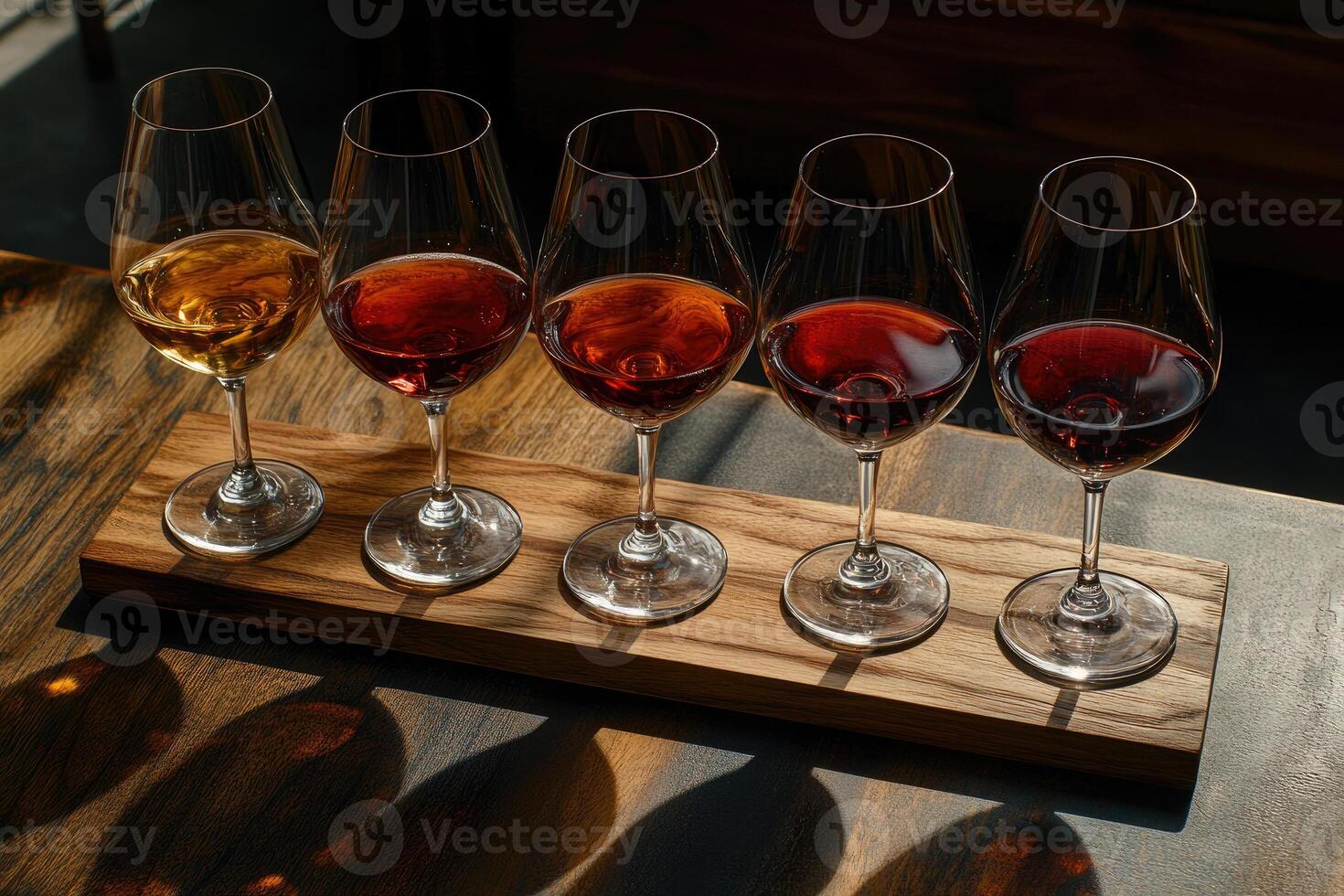 Wine tasting set. Five glasses of varying colored wines displayed on a wooden tray photo