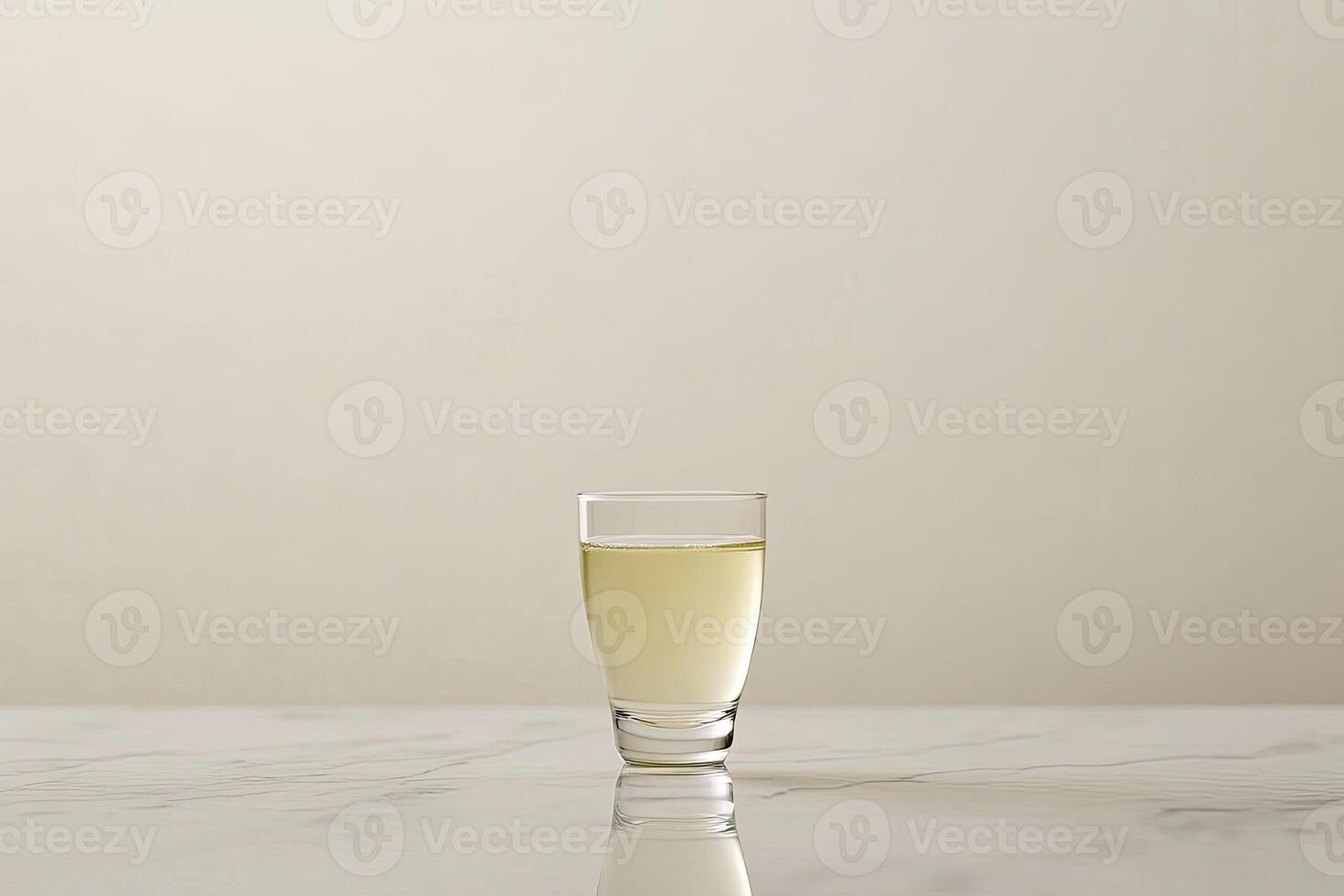Clear shot glass of pale yellow liquid on marble surface photo