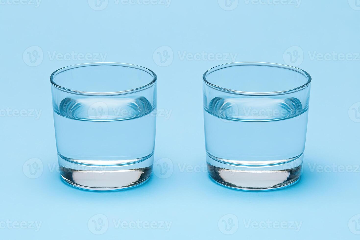 Two identical glasses of water on a light blue surface photo