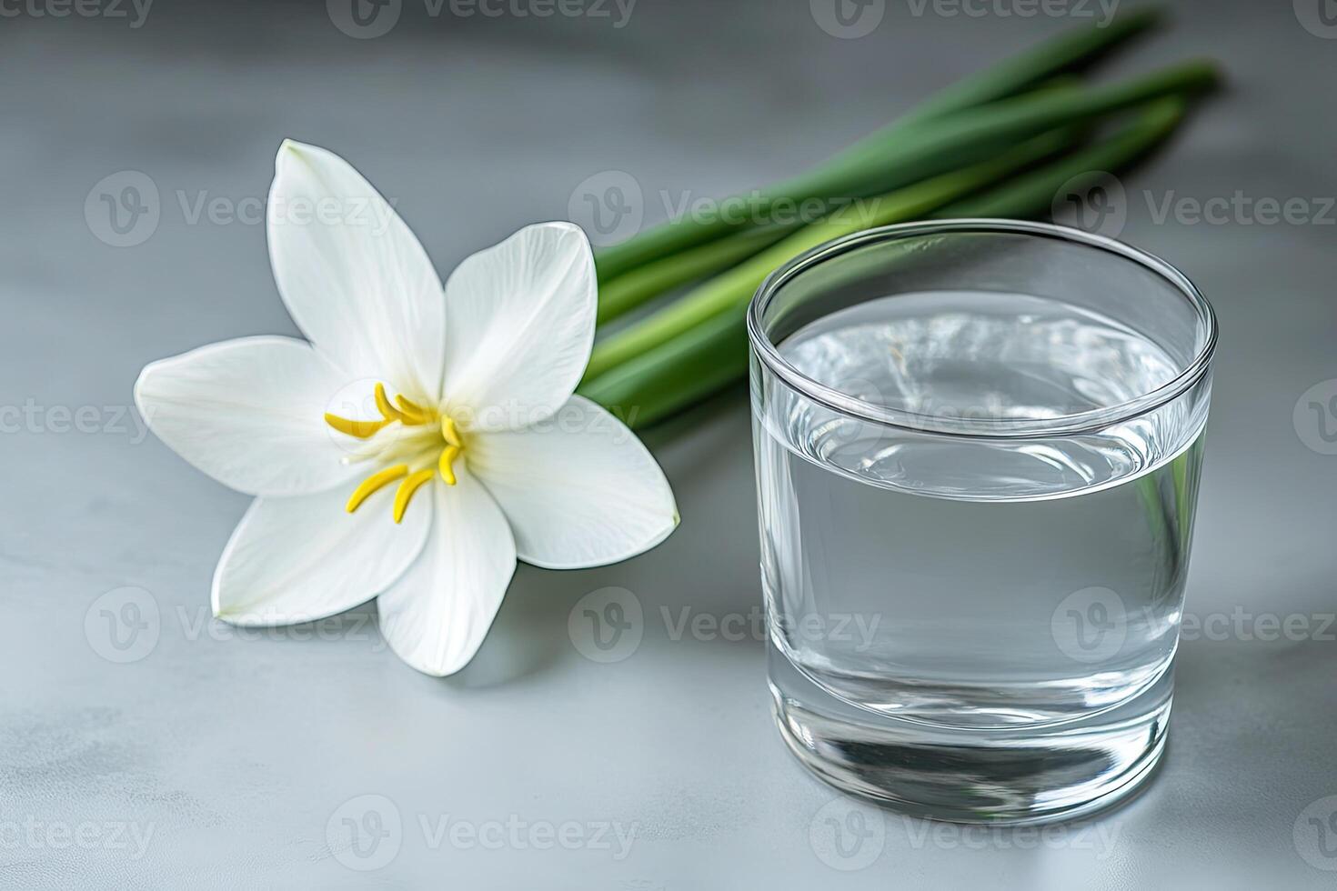 Delicate white flower beside a glass of water photo